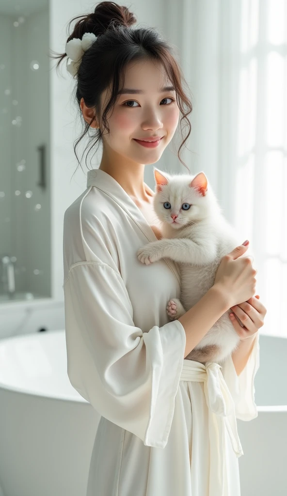 Create an Asian beauty，Standing on the ground，Hair in a bun，Beautiful beautiful big eyes，Regular facial features，Normal limbs，Cute big breasts and buttocks，Wearing a white silk robe，Holding a cute white kitten in both hands，There are a lot of realistic bubbles on the head，The hair is covered with realistic white foam，The expression is happy，Upper Body，The characters are realistic and realistic，White high-end bathroom background，Character front position，9:16 frames，Ultra-high-definition picture quality