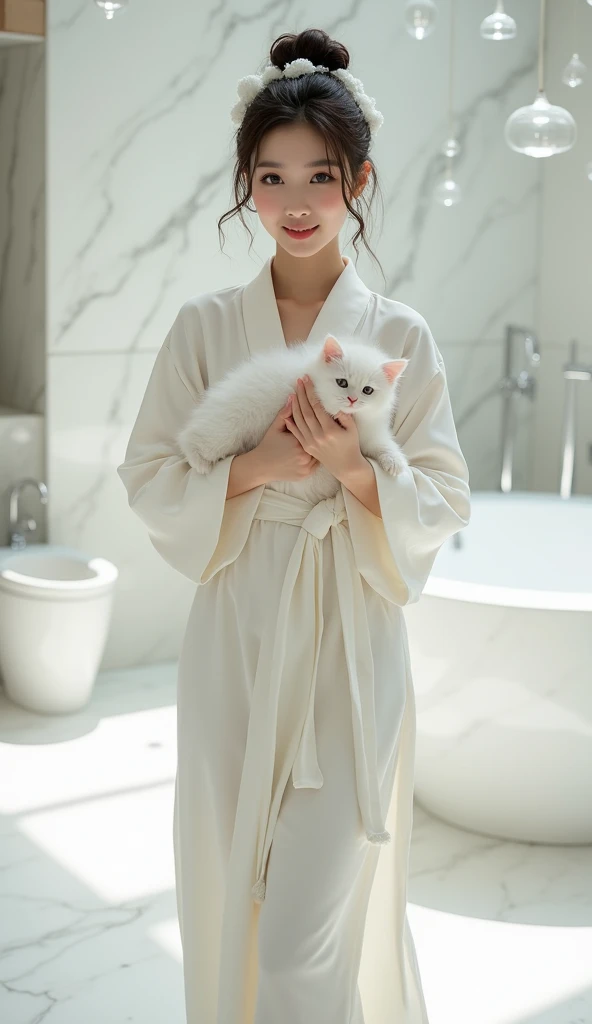 Create an Asian beauty,Standing on the ground,Hair in a bun,Beautiful beautiful big eyes,Regular facial features,Normal limbs,Cute big breasts and buttocks,Wearing a white silk robe,Holding a cute white kitten in both hands,There are a lot of realistic bubbles on the head,The hair is covered with realistic white foam,The expression is happy,Upper Body,The characters are realistic and realistic,White high-end bathroom background,Character front position,9:16 frames,Ultra-high-definition picture quality