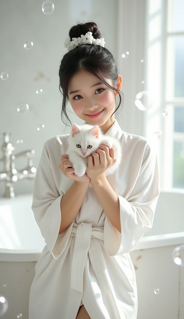 Create an Asian beauty,Standing on the ground,Hair in a bun,Beautiful beautiful big eyes,Regular facial features,Normal limbs,Cute big breasts and buttocks,Wearing a white silk robe,Holding a cute white kitten in both hands,There are a lot of realistic bubbles on the head,The hair is covered with realistic white foam,The expression is happy,Upper Body,The characters are realistic and realistic,White high-end bathroom background,Character front position,9:16 frames,Ultra-high-definition picture quality