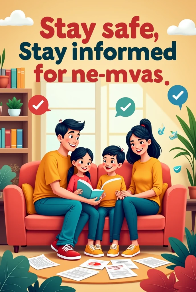 A cartoon style poster about
"Stay Safe, Stay Informed"
Focus on the importance of staying updated with official information and taking immediate action to protect yourself and your family.