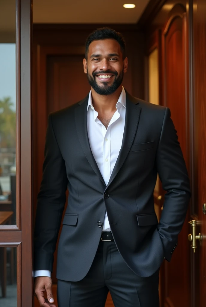 (fotorrealism:1.2)a brazilian gentleman(brown skin),a handsome lawyer,(wearing a suit and white shirt), toned abdomen and full chest, standing at the door.