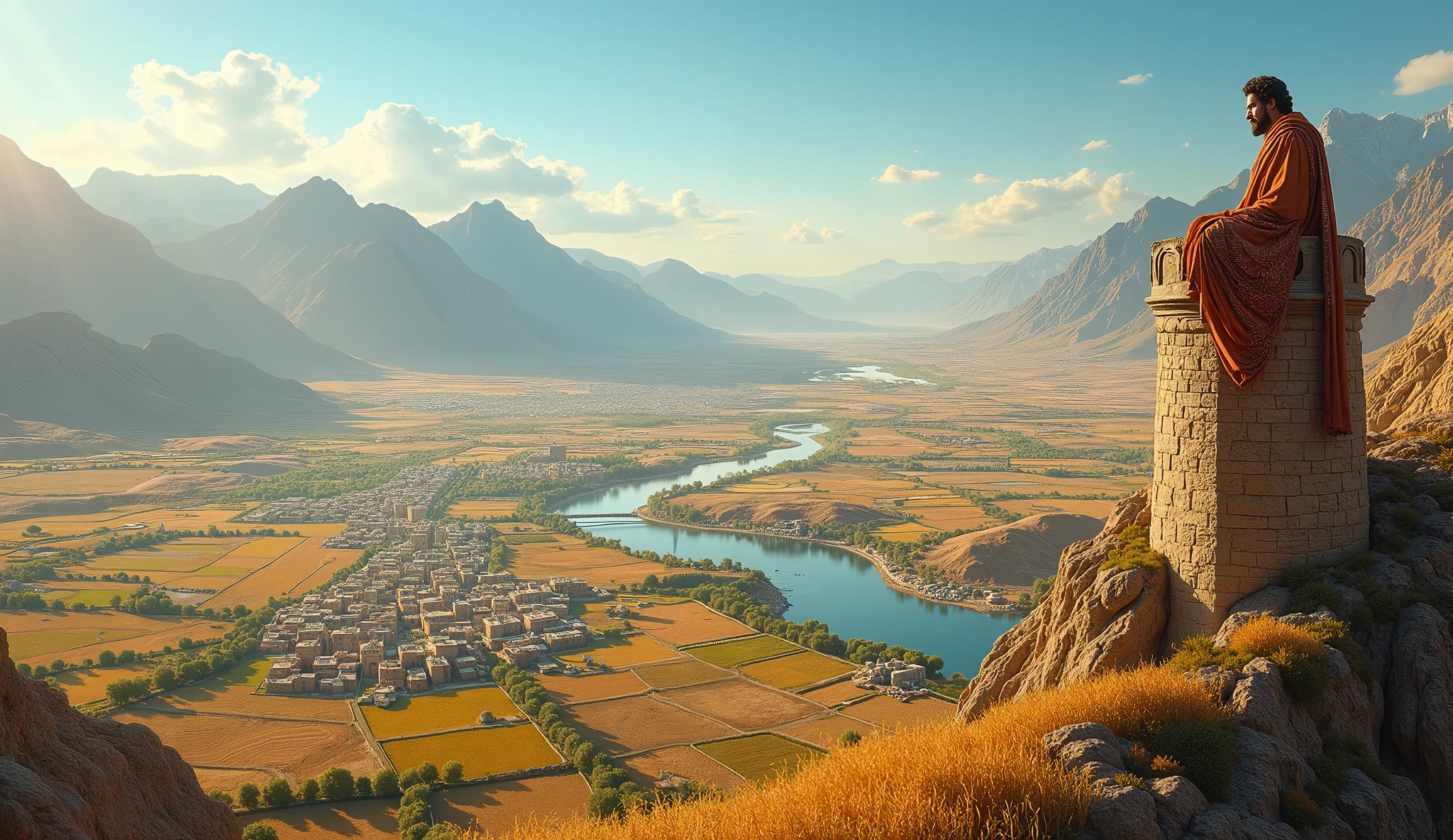 Create a hyper-realistic image of a prosperous Israel surrounded by different types of landscapes – mineral-rich mountains, rivers full of fish, and productive agricultural fields. King Solomon can be seen from the top of a tower or hill, with a panoramic view of the city and the various sources of wealth around it, planning how to expand and protect your resources.