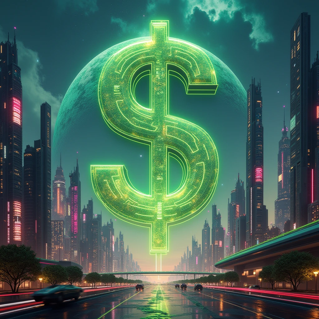 create an image of the futuristic planet with the dollar symbol