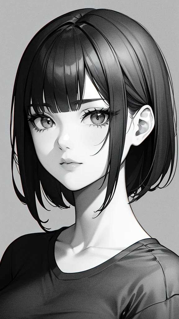 1girl, solo, sharp eyes, monochrome, greyscale, short black hair, portrait, T-shirt, closed mouth, looking at viewer, sketch, graphite \(medium\), detailed lips, hatching \(texture\), without makeup, bangs, upper body, (best illustration), (best quality), (very detailed), (masterpiece), 30 year girl, 