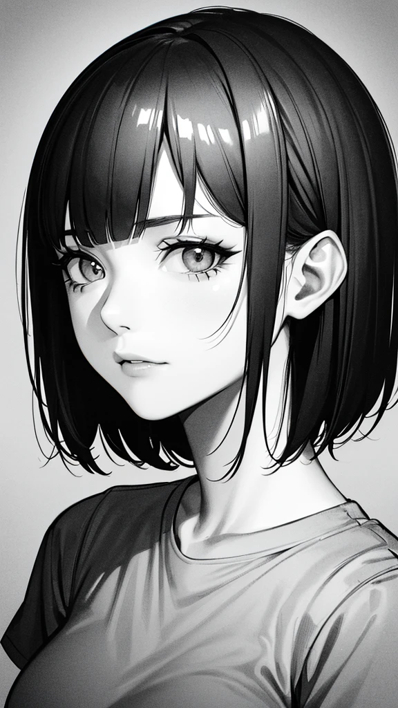 1girl, solo, sharp eyes, monochrome, greyscale, short black hair, portrait, T-shirt, closed mouth, looking at viewer, sketch, graphite \(medium\), detailed lips, hatching \(texture\), without makeup, bangs, upper body, (best illustration), (best quality), (very detailed), (masterpiece), 30 year girl, 