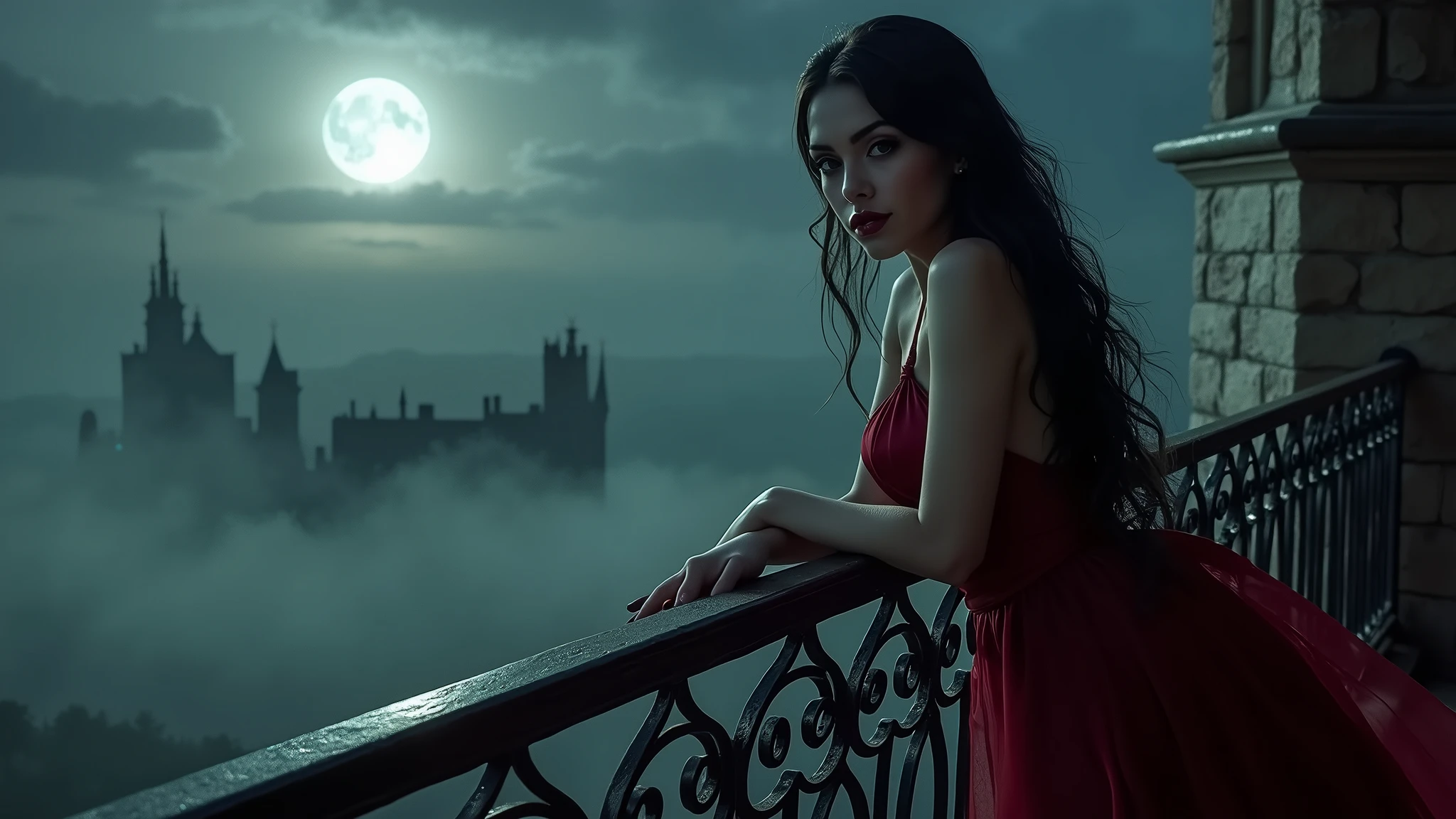 A seductive vampire with pale, flawless skin and long, flowing black hair. She stands on the balcony of an ancient, gothic castle, bathed in the soft glow of a full moon. Her deep red eyes glimmer with hunger and desire as she gazes out over the misty landscape. She wears a luxurious, dark crimson gown that accentuates her figure, and her fangs are just visible as she smiles enticingly. Aim for realistic depiction, make sure photos are at highest resolution (8K)
