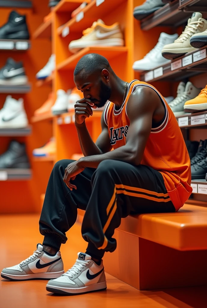 (photorealism:1.2) man, sitting, looking at shoes, nike shoe store, jogger pants, basketball shirt of kobe bryant, kobe bryant shoe, test kobe bryant shoe, side view camera shot, model pose, realistic, intricate details, warm colors, realistic, ultra realistic, 4k picture, textured skin,