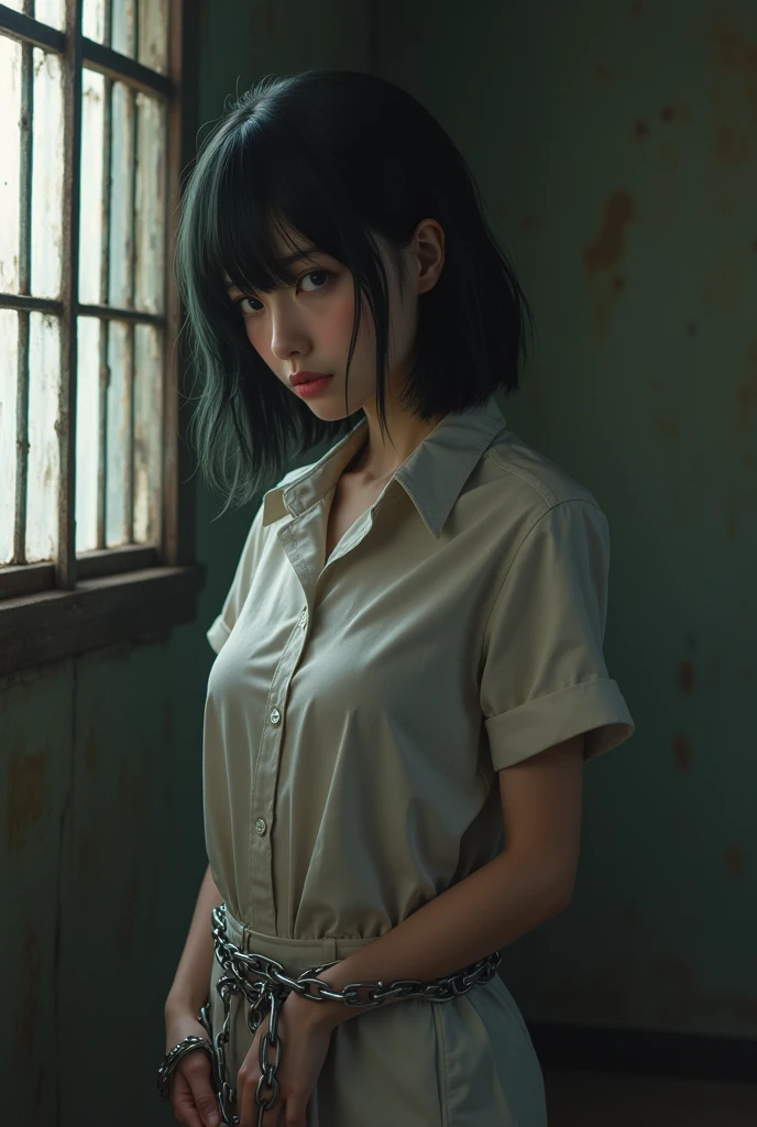 photograph,Realistic painting,A high school girl held captive as a prisoner,女子高生は鉄格子で囲まれた薄暗いSolitary confinementの中にいる,女子高生はhandcuffsをされている,The high school girl is chained,設定は小さなベッドのある典型的な刑務所のSolitary confinement,Iron-barred windows, Worn floor. The overall atmosphere is heavy,Thoughtful, The soft lighting accentuates her emotions.. Japanese high school girl as a female prisoner,Round sexy ass,Big natural wet breasts, Prison Settings, Solitary confinement,両手にhandcuffs,Restrained by chains,Jail,両手のhandcuffsを鎖でつなぐ,Chain on the waist,Crotch rope,Take off your bra,Expose the chest,Go shirtless,Prison physical examination,Japan Prison,Japan prisoner uniform,handcuffs,handcuff,prison,arrest,
