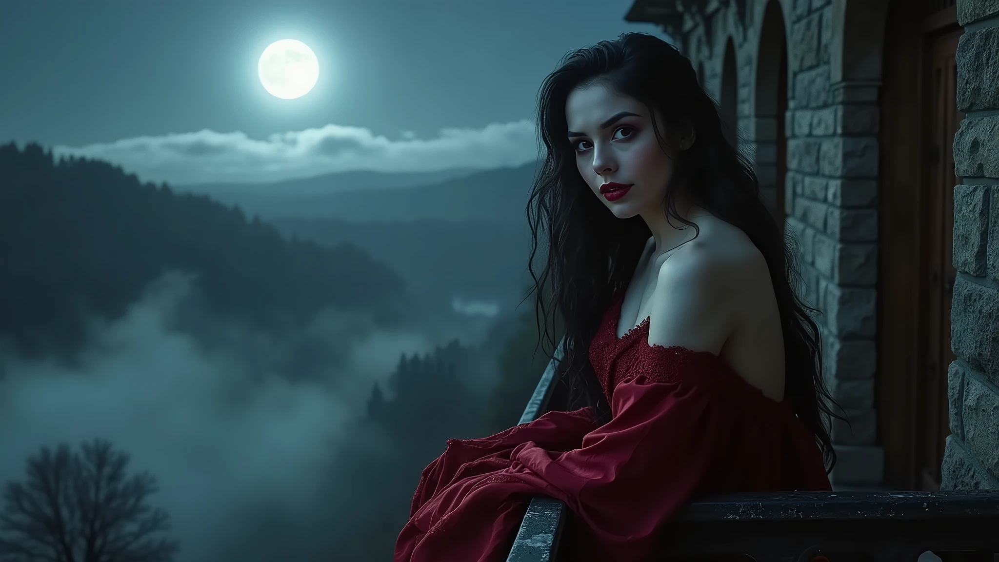 A seductive vampire with pale, flawless skin and long, flowing black hair. She stands on the balcony of an ancient, gothic castle, bathed in the soft glow of a full moon. Her deep red eyes glimmer with hunger and desire as she gazes out over the misty landscape. She wears a luxurious, dark crimson gown that accentuates her figure, and her fangs are just visible as she smiles enticingly. Aim for realistic depiction, make sure photos are at highest resolution (8K)