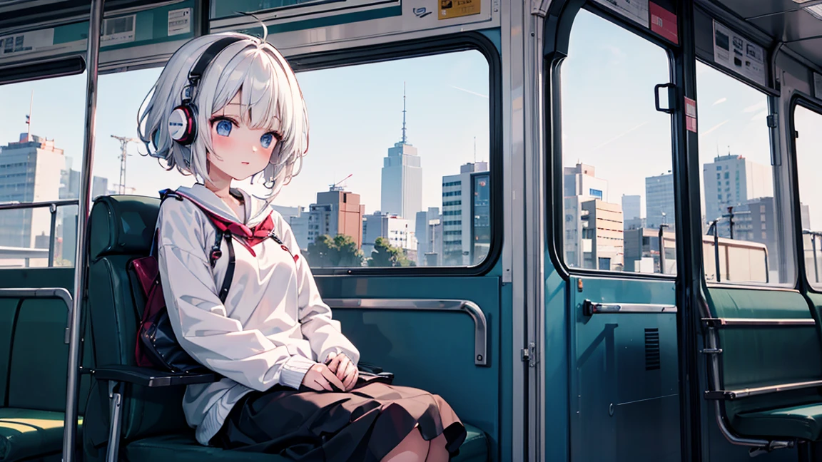 A scene of riding a bus、Beautiful girl wearing headphones、Japanese anime style