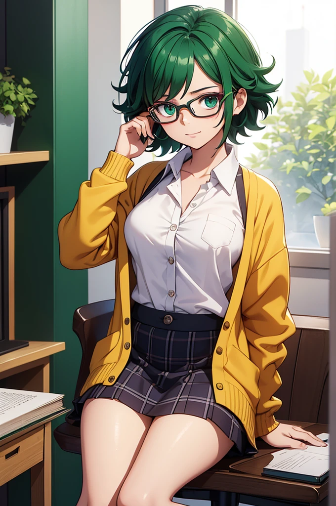 Create an image of a gender-swapped version of Izuku Midoriya, depicted as an adorable and intelligent young woman. She has short, vibrant green hair that is slightly tousled, giving her a fresh and youthful look. Her large, expressive green eyes are detailed and full of curiosity and determination, reflecting her thoughtful and analytical nature.

She is dressed in a cute nerdy outfit that emphasizes her intellectual charm. She wears a fitted, button-up blouse with a plaid skirt that falls just above the knees, creating a playful yet studious vibe. Over the blouse, she wears a cozy cardigan sweater with a couple of pens tucked into the pocket, adding a touch of practicality and warmth to her look. The outfit is completed with knee-high socks and polished loafers, giving her a preppy, academic style.

To enhance her "nerdy" appearance, she also wears stylish, round glasses that perfectly complement her face, highlighting her bright, inquisitive eyes. She might be holding a book or a stack of notes, adding to her scholarly persona.

She stands confidently, perhaps adjusting her glasses with one hand while the other holds her books close to her chest, her posture relaxed yet focused. Her expression is gentle and earnest, with a hint of a smile that conveys her dedication and kind-hearted nature.

Every detail, from the texture of her cardigan to the shine of her glasses, is meticulously rendered. The image should be visually stunning and captured in 8K resolution, ensuring every aspect of her appearance is portrayed with the highest quality, resulting in a perfect and captivating representation of female Izuku Midoriya in a cute nerdy outfit.
