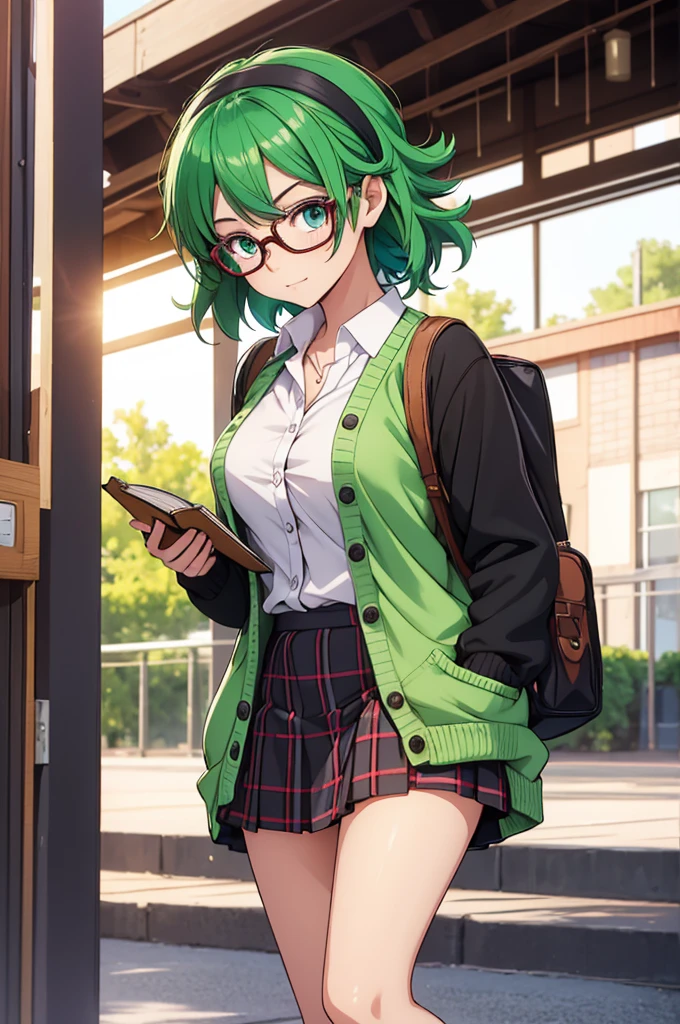 Create an image of a gender-swapped version of Izuku Midoriya, depicted as an adorable and intelligent young woman. She has short, vibrant green hair that is slightly tousled, giving her a fresh and youthful look. Her large, expressive green eyes are detailed and full of curiosity and determination, reflecting her thoughtful and analytical nature.

She is dressed in a cute nerdy outfit that emphasizes her intellectual charm. She wears a fitted, button-up blouse with a plaid skirt that falls just above the knees, creating a playful yet studious vibe. Over the blouse, she wears a cozy cardigan sweater with a couple of pens tucked into the pocket, adding a touch of practicality and warmth to her look. The outfit is completed with knee-high socks and polished loafers, giving her a preppy, academic style.

To enhance her "nerdy" appearance, she also wears stylish, round glasses that perfectly complement her face, highlighting her bright, inquisitive eyes. She might be holding a book or a stack of notes, adding to her scholarly persona.

She stands confidently, perhaps adjusting her glasses with one hand while the other holds her books close to her chest, her posture relaxed yet focused. Her expression is gentle and earnest, with a hint of a smile that conveys her dedication and kind-hearted nature.

Every detail, from the texture of her cardigan to the shine of her glasses, is meticulously rendered. The image should be visually stunning and captured in 8K resolution, ensuring every aspect of her appearance is portrayed with the highest quality, resulting in a perfect and captivating representation of female Izuku Midoriya in a cute nerdy outfit.