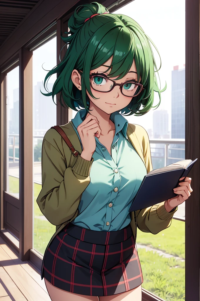Create an image of a gender-swapped version of Izuku Midoriya, depicted as an adorable and intelligent young woman. She has short, vibrant green hair that is slightly tousled, giving her a fresh and youthful look. Her large, expressive green eyes are detailed and full of curiosity and determination, reflecting her thoughtful and analytical nature.

She is dressed in a cute nerdy outfit that emphasizes her intellectual charm. She wears a fitted, button-up blouse with a plaid skirt that falls just above the knees, creating a playful yet studious vibe. Over the blouse, she wears a cozy cardigan sweater with a couple of pens tucked into the pocket, adding a touch of practicality and warmth to her look. The outfit is completed with knee-high socks and polished loafers, giving her a preppy, academic style.

To enhance her "nerdy" appearance, she also wears stylish, round glasses that perfectly complement her face, highlighting her bright, inquisitive eyes. She might be holding a book or a stack of notes, adding to her scholarly persona.

She stands confidently, perhaps adjusting her glasses with one hand while the other holds her books close to her chest, her posture relaxed yet focused. Her expression is gentle and earnest, with a hint of a smile that conveys her dedication and kind-hearted nature.

Every detail, from the texture of her cardigan to the shine of her glasses, is meticulously rendered. The image should be visually stunning and captured in 8K resolution, ensuring every aspect of her appearance is portrayed with the highest quality, resulting in a perfect and captivating representation of female Izuku Midoriya in a cute nerdy outfit.