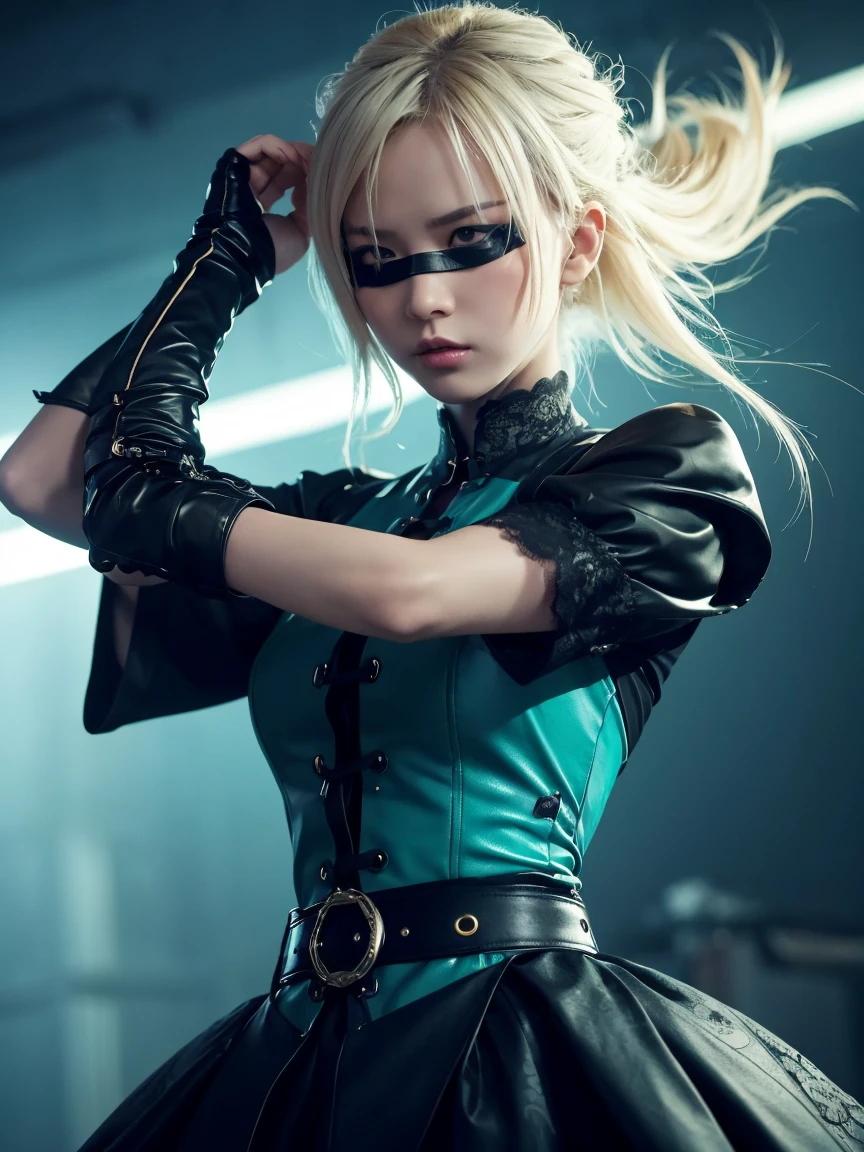 A dynamic anime-style scene depicting a fierce female warrior in an intense battle stance. The character has short, platinum-blonde hair that flows freely as she holds a katana with both hands, preparing for a strike. Her eyes are concealed by a sleek black blindfold, adding to the air of mystery and strength. She wears a striking yellow and black outfit: a form-fitting dress with intricate black lace-up designs, puffed sleeves, and floral patterns near the cuffs. The outfit combines elegance with combat readiness, featuring armored gloves and a wide belt cinching her waist. The background is a mixture of mechanical tendrils and vibrant green and teal energy swirling around, giving the scene a futuristic and otherworldly vibe. The lighting emphasizes the contrast between the cool, glowing background and the character’s bold, warm colors. The camera angle is focused closely on the character, highlighting her intense expression and readiness for combat, with the flowing elements of the scene adding dynamic movement and tension.