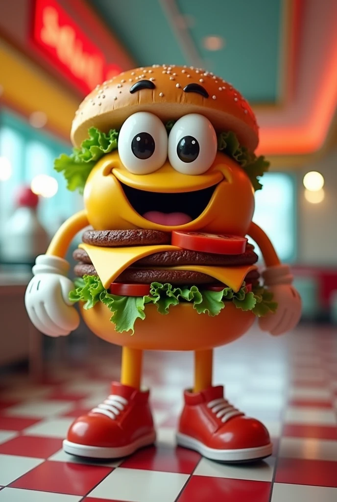 A hamburger character with a retro 80s restaurant style and white gloves
