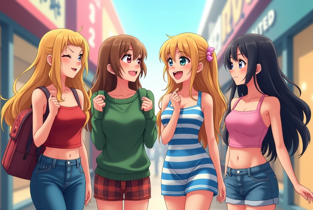 a group of anime girls shopping at a mall, the first girl is wearing a small red tube top that is almost slipping and jeans with long blonde hair, and she carries a bag on her shoulder.
the second girl has brown hair and wearing baggy green sweater with plaid miniskirt carrying a backpack.
the third girl has long black hair wearing a tight sleeveless blue and white horizontal striped dress, she fixes her hair and showing both her armpits.
the fourth girl has a sun kissed complexion and brown ponytail hair with pink crop tank top that exposes her midriff with noodle straps along with shorts. they're all chatting to each other.
