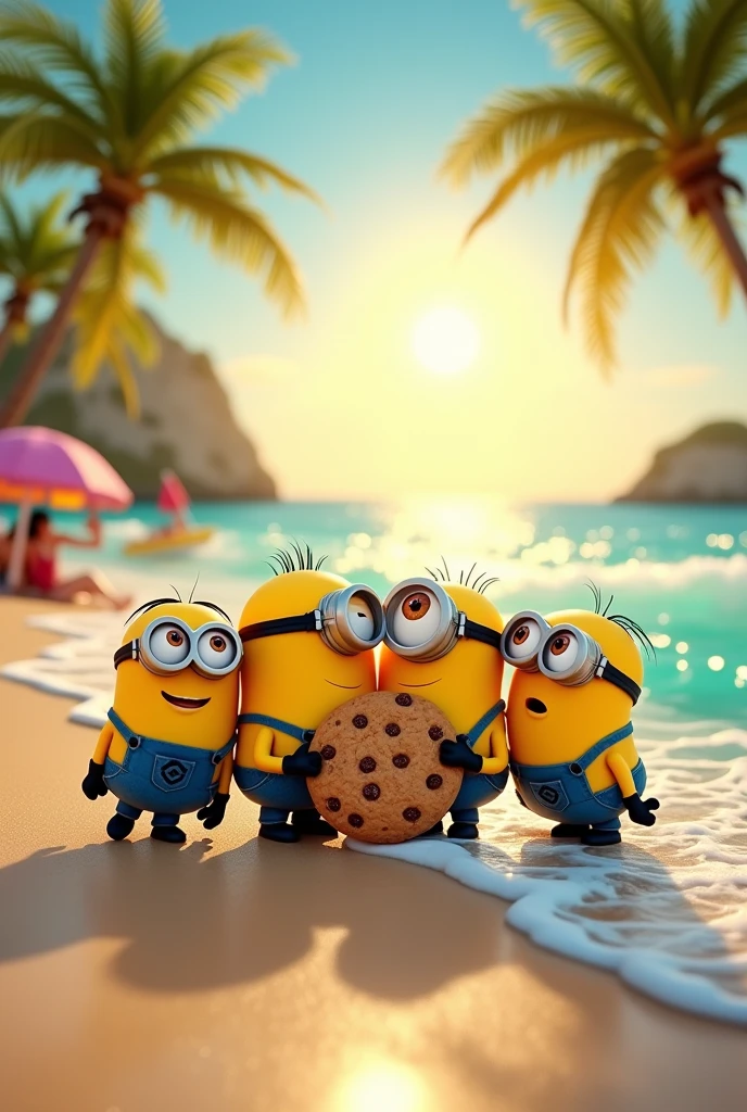 4 minions en la playa, dandose un beso y con una crumble cookie