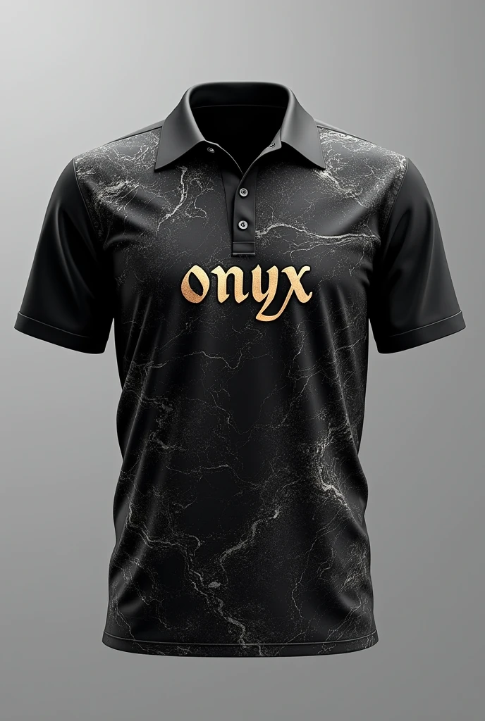 create an image of a realistic and detailed shirt front and back with a very eye-catching print written "onyx" with a very beautiful letter on the chest. Where only the shirt appears in perspective with a gray background