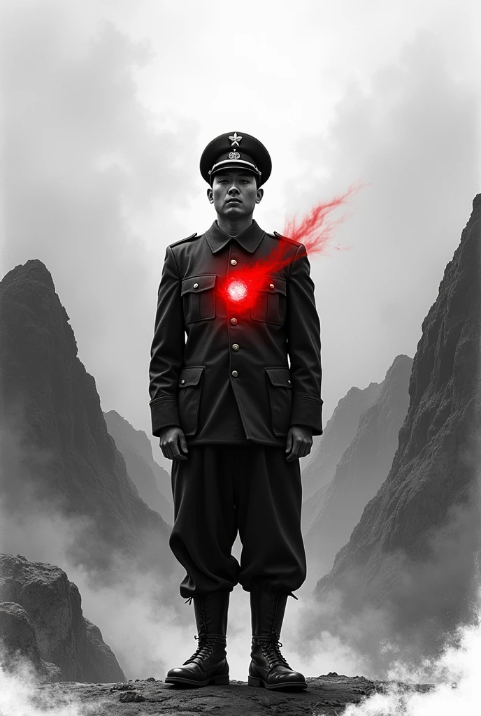 North Korean soldier shot in the heart black and white drawing