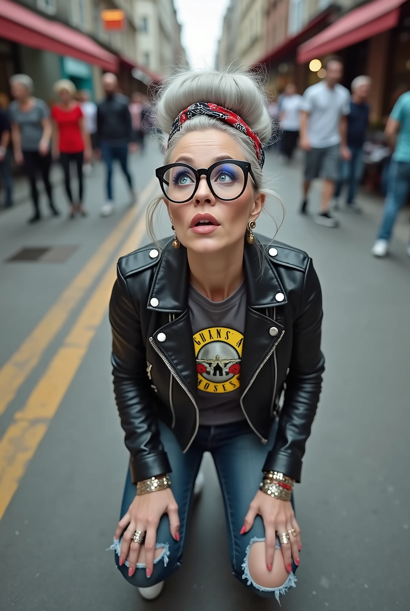 russian old milf woman, grey hair (huge top bun) and bandana as headband (big maxi glasses), with very light blue eyes, extremely pale. Wearing cropped black moto jacket with lots of zippers and pins, raggy cropped t-shirt with guns and roses logo, dark skinny blue jeans with holes and white tennis sneakers . Black leather driver gloves . Lots of metallic bracelets and collars. Tacky wide leather belt with oversized buckle. Long earrings. Kneeling like in a payer, looking up, eyes and mouth wide open in amazement. Hands on her knees. Listening in amazement to somebody speaking to her, toned six pack abdominals, thin legs and thin arms. A lot of people behind