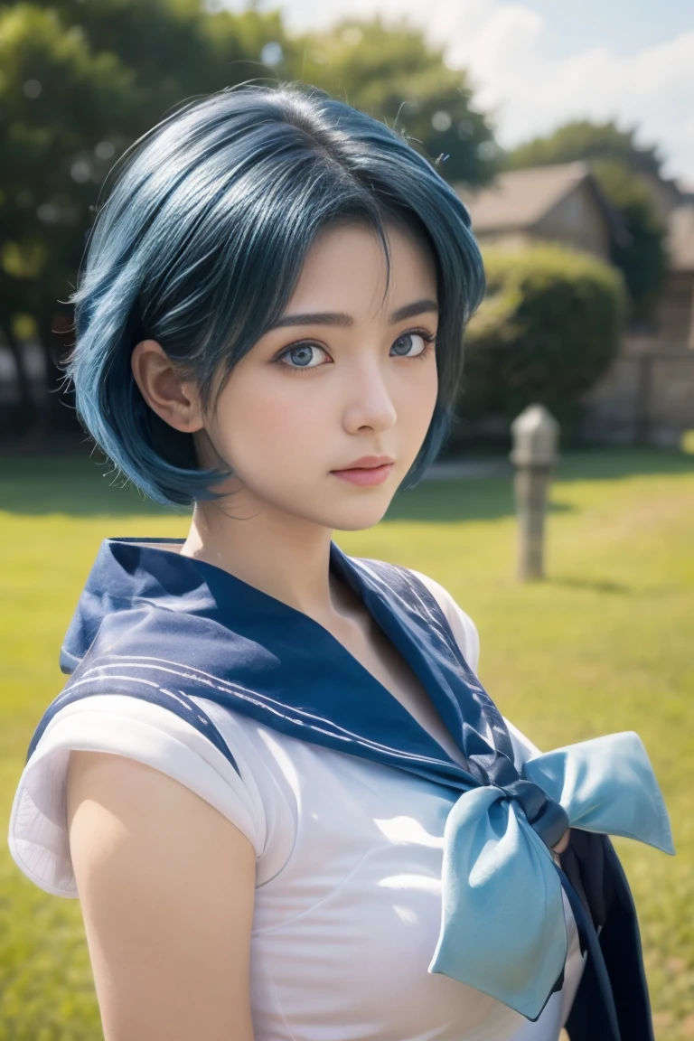 ((best quality)), ((masterpiece)), (detailed),　Sailor Mercury、blue hair、hair blowing in the wind、battle preparation、Versus mode、sailor warrior costume、