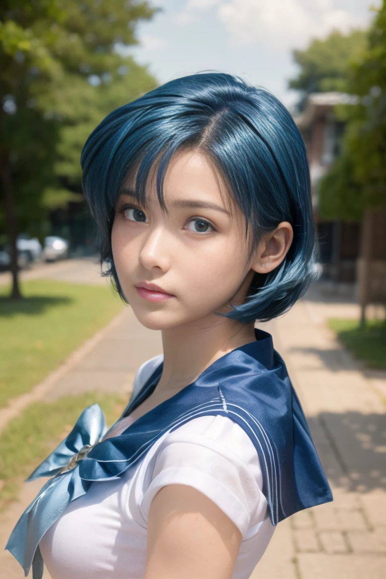 ((best quality)), ((masterpiece)), (detailed),　Sailor Mercury、blue hair、hair blowing in the wind、battle preparation、Versus mode、sailor warrior costume、