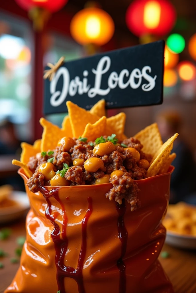 Bag of Doritos with meat and cheese and coming out with sauce and on top a black sign of dori locos
