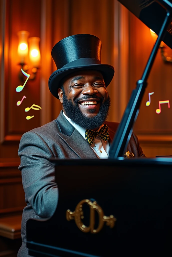 A fat foreign black man wearing a top hat is playing the piano