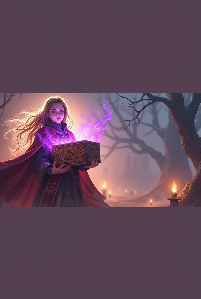 A girl in a same pose but holding an ancient box that contains dark black demon souls
