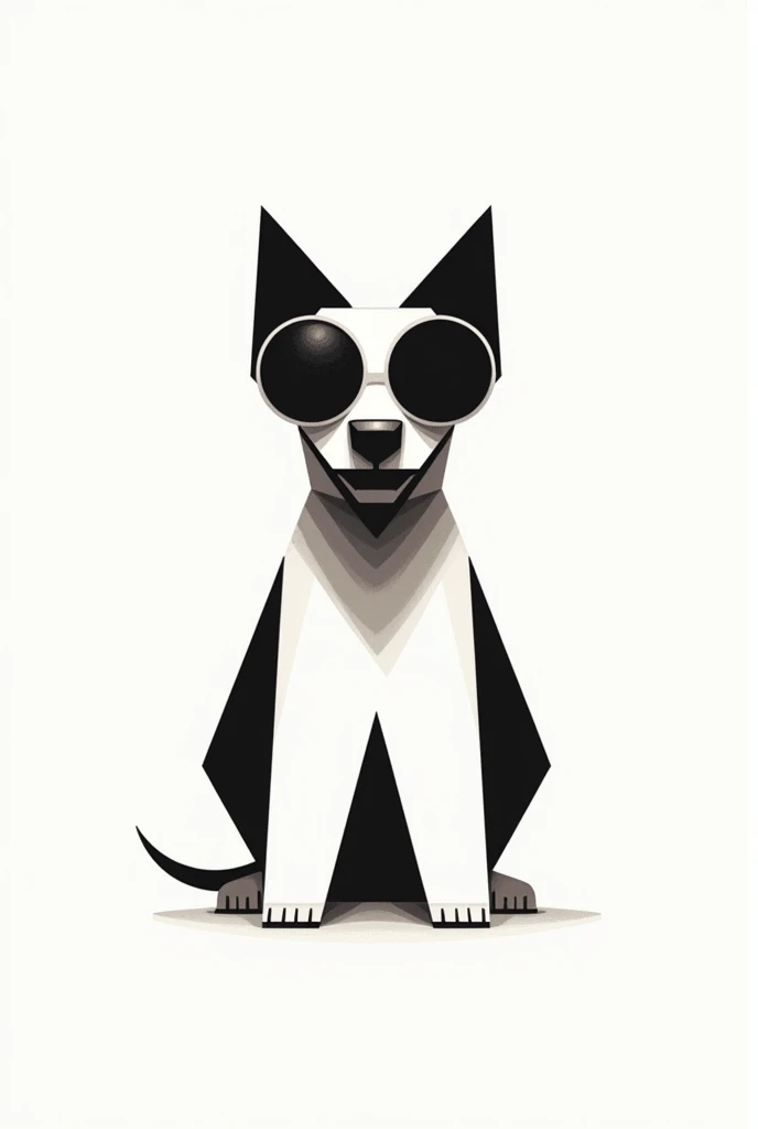 an extremely simple drawing with only black color in the geometric figures like a triangle and the white background of a dog made from ONLY 5 2d geometric figures 