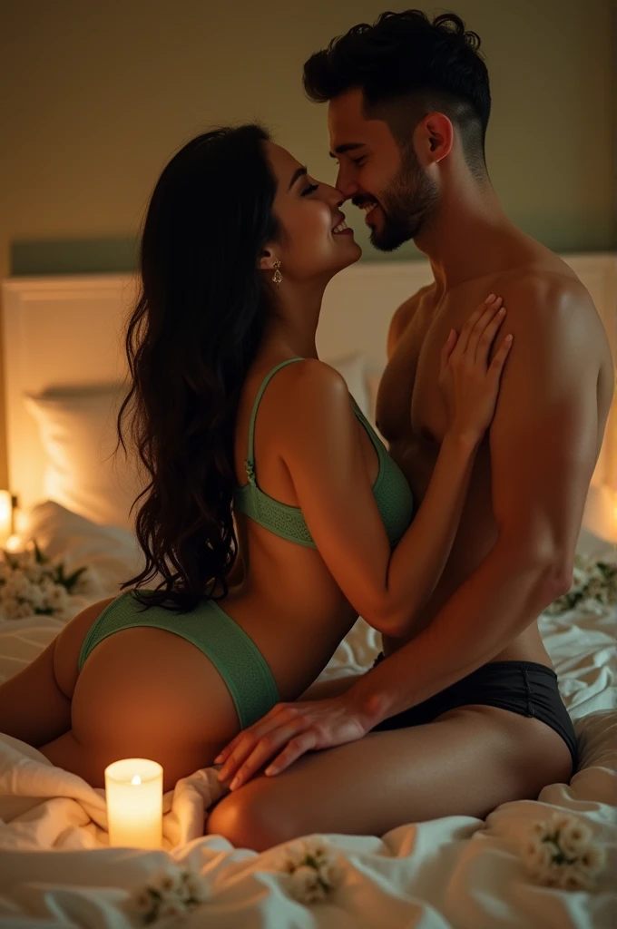 Asian woman with big  and wearing light green and black lingerie enjoys foreplay with man