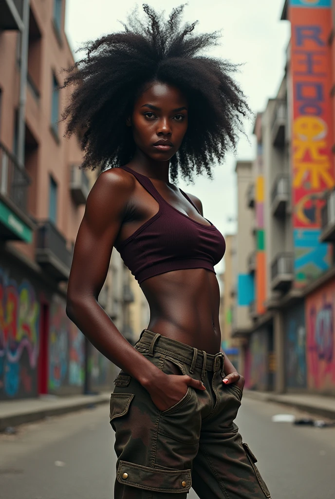 (nudity, explicit, :1.1) (((Dark skin ebony young woman topples and in panties))), clear defined brown eyes, perfect wild cloud of long black hair, deceptively bold, flirtatious, revenge, (((walking down a crowded busy street))),