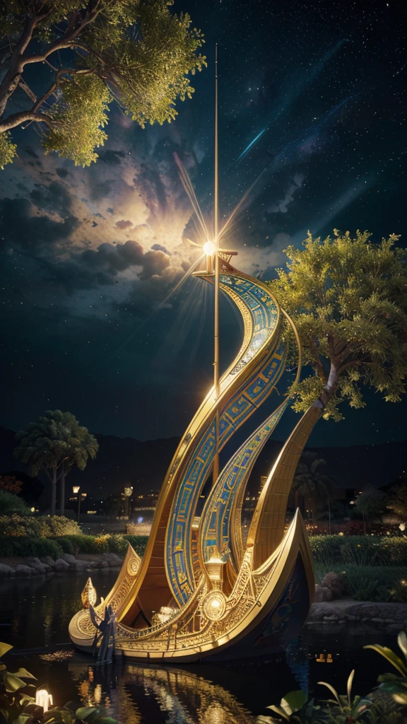 A visually stunning 3D rendering masterpiece that artfully blends elements of "Starry Night," Mondrian, and futuristic Egyptian Art Nouveau. At the center of the composition is a landscape with a swirling sky, clouds, a radiant sun, a tranquil lake, and diverse flora including trees, shrubs, cypress, grass, and flowers. A Viking ship sails across the lake, and a vibrant red, blue, and yellow macaw adorns the scene, wearing a golden crown and exhibiting intricate Egyptian art patterns. Elongated tendrils entwine the composition, showcasing geometric patterns in golden lines and vibrant colors reminiscent of Mondrian's artistic genius.

The artwork masterfully integrates elements of 3D rendering, illustration, concept art, graffiti, fashion, and typography, creating a mes, fashion, typography, illustration, anime, vibrant, graffiti, painting, conceptual art, 3d render