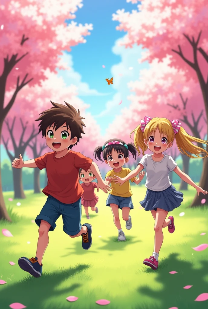 GENERATE AN ANIME IMAGE ABOUT 4 BEST FRIENDS (1 BOY AND 3 GIRLS) WHILE LAUGHING AND PLAYING WITH EACH OTHER. DONT FORGET THAT THEY ARE GROUP OF 4, 3 GIRLS AND 1 BOY