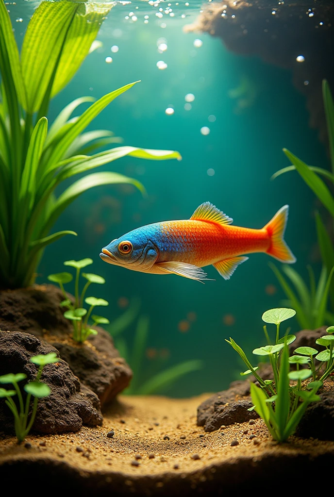 Um aquário com uma nova espécie de killifish, uma mistura de ciclídeos africanos do lago tanganyika com nothobranchius rachovii, em um fundo de poça temporária com densa vegetação com pequenos pedaços de rochas zanzibar brancas e cascos de ampularias ao chão. Imagem realista.