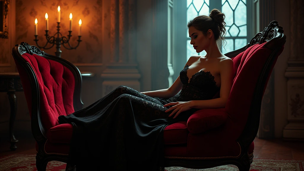 A captivating female vampire with a sensual, yet dangerous allure. She lounges on an ornate velvet chaise inside a dimly lit, candle-filled chamber in a grand castle. Her dress is made of black lace, revealing and enhancing her curves. Shadows dance across the walls, and the flickering candlelight casts an eerie, yet inviting atmosphere as she awaits her next victim. Aim for realistic depiction, make sure photos are at highest resolution (8K)