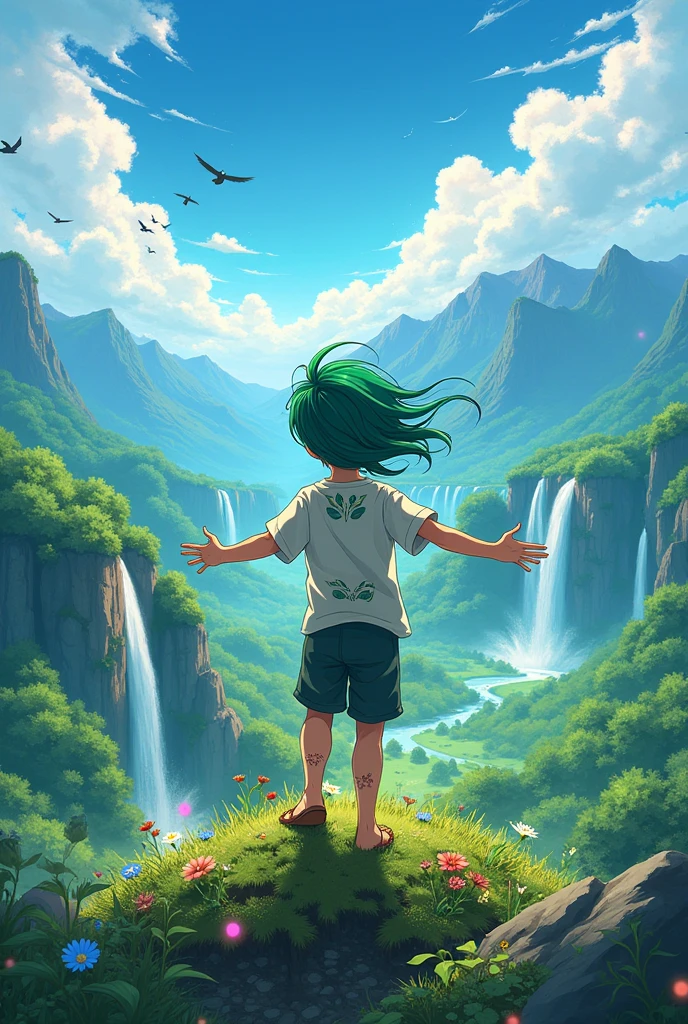 Make an environmental like earth world anime boy poster make sure its landscape