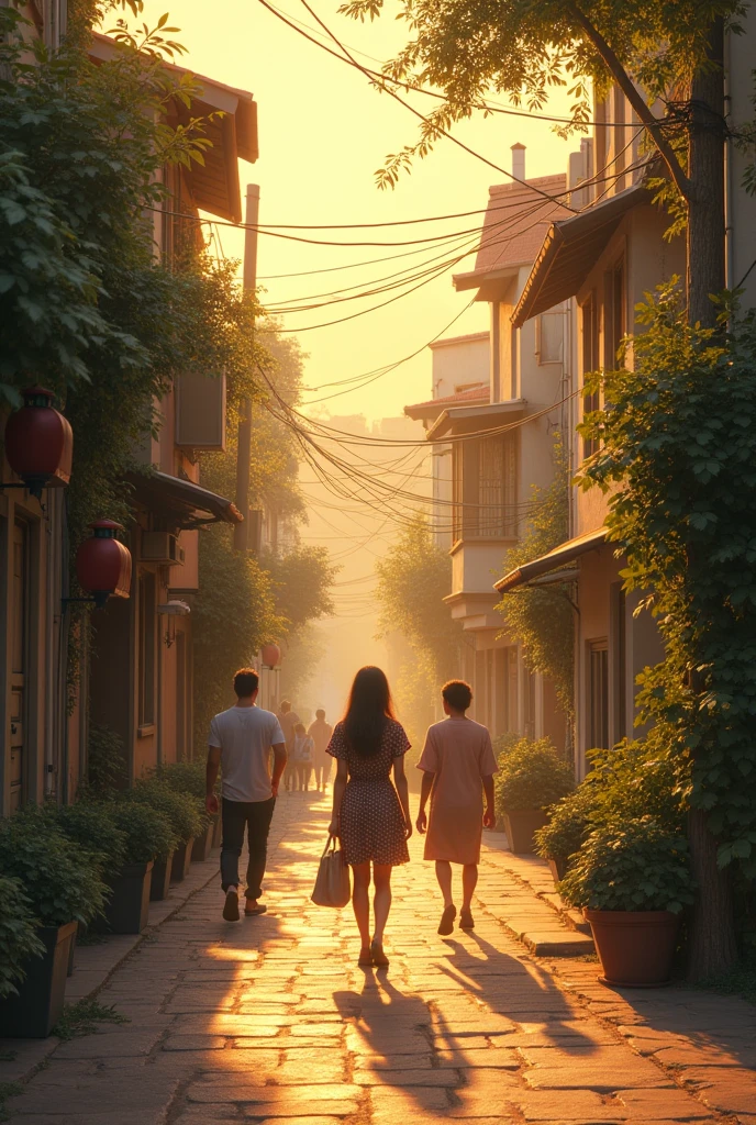A serene street scene where beautiful, wandering roads wind through an urban setting. On these streets, chance encounters between strangers take place. Some people walk by, fading into the background, while others seem to linger in memory. The atmosphere is nostalgic, with soft, warm lighting and a subtle, dreamy haze. The surroundings include quaint buildings, scattered trees, and a few passersby, some of whom are seen in motion, while others stand out, as if imprinted in the scene. The overall feeling is one of fleeting connections and lingering memories.