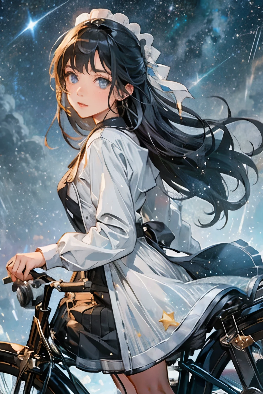 1 bike, alone, (No humans:1.2), From the right、(A starry sky spreads out:1.2)、(masterpiece, Highest quality:1.2),
