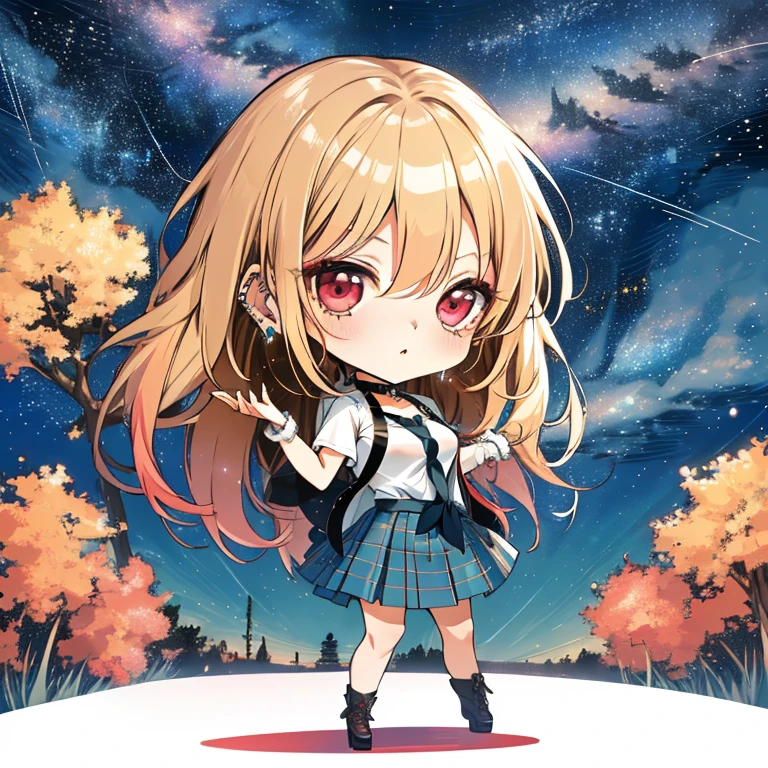 (Starry Sky:1.5), 天の川, (chibi:1.5), full body, (masterpiece), highest quality, kitagawa marin, 1girl, blonde hair, long hair, multicolored hair, red eyes, jewelry, earrings, piercing, , white shirt, tied shirt, black choker, blue necktie, plaid skirt