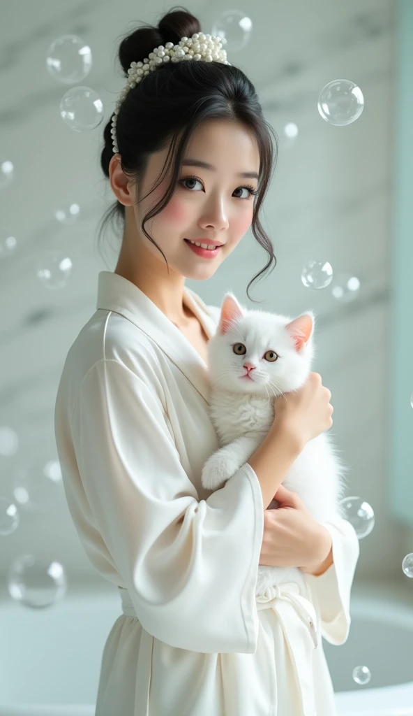 Create an Asian beauty,Standing on the ground,Hair in a bun,Beautiful beautiful big eyes,Regular facial features,Normal limbs,Cute big breasts and buttocks,Wearing a white silk robe,Holding a big cute white kitten in both hands,There are a lot of realistic bubbles on the head,The hair is covered with realistic white foam,The expression is happy,Upper Body,The characters are realistic and realistic,White high-end bathroom background,Character front position,9:16 frames,Ultra-high-definition picture quality