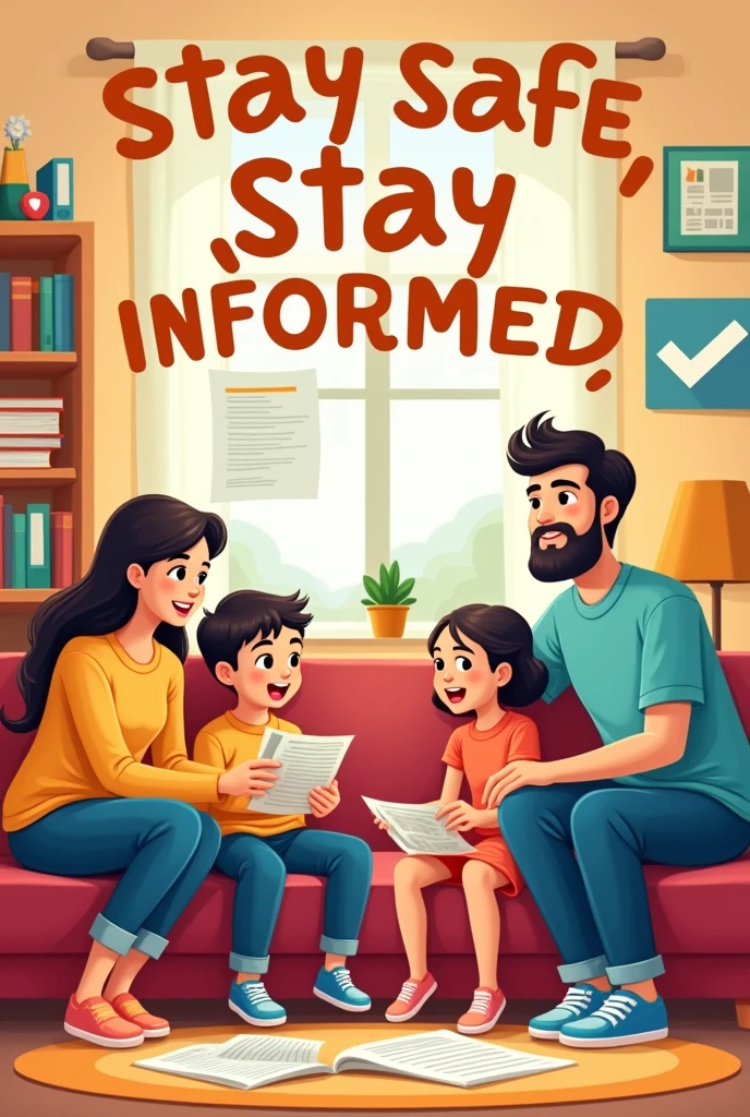 A cartoon style poster about 
"Stay Safe, Stay Informed"
Focus on the importance of staying updated with official information and taking immediate action to protect yourself and your family.