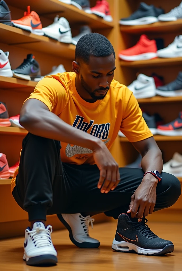 (photorealism:1.2) man, filipino, sitting, looking at shoes, nike shoe store, jogger pants, basketball shirt of kobe bryant, kobe bryant shoe, test kobe bryant shoe, side view camera shot, model pose, realistic, intricate details, warm colors, realistic, ultra realistic, 4k picture, textured skin,
