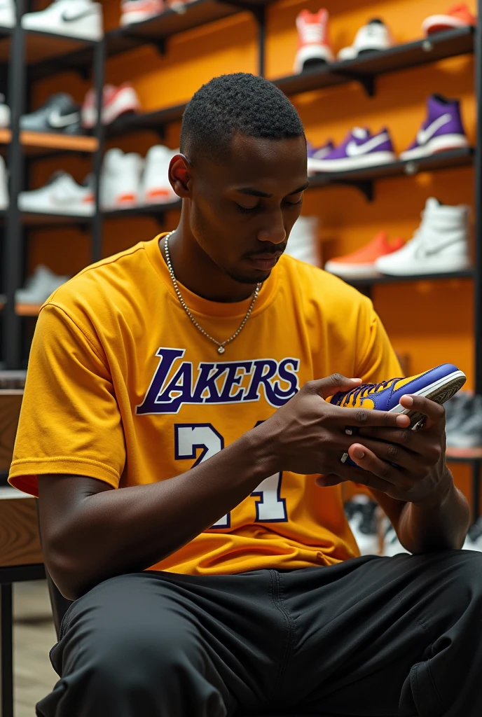 (photorealism:1.2) man, filipino, sitting, looking at shoes, nike shoe store, jogger pants, basketball shirt of kobe bryant, kobe bryant shoe, test kobe bryant shoe, side view camera shot, model pose, realistic, intricate details, warm colors, realistic, ultra realistic, 4k picture, textured skin,