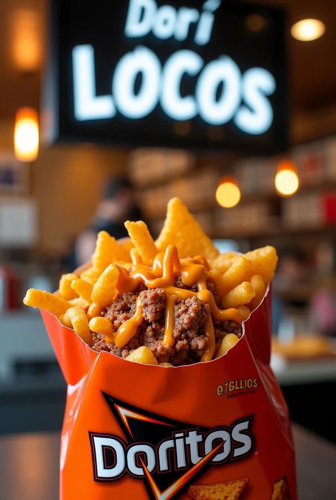 Doritos package with meat and cheese and coming out with sauce and on top a black sign of dori locos