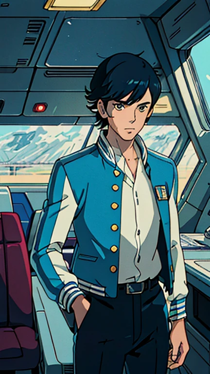 (1boy, dandy, jacket), (extremely detailed CG unit 8k wallpaper),(master part), (best quality), (ultra detail), (best illustration),(melhor ombre), cowboy shot, (Sharp eyeliner, ombre, detailed eyes:1), Spaceship bridge, break , (ghibli style), upper body, 