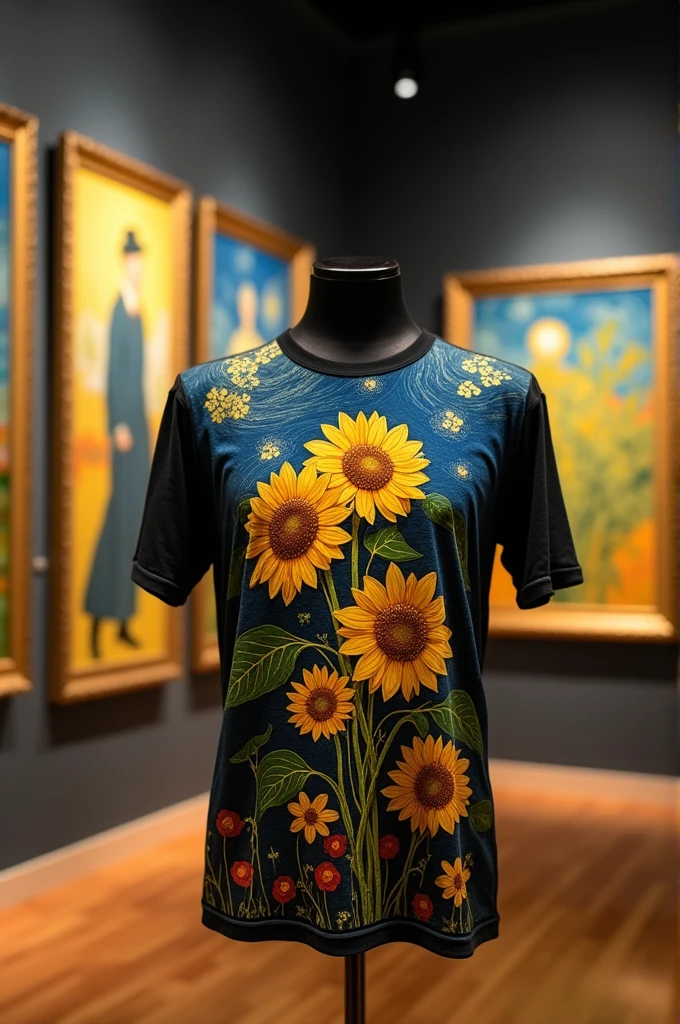 Van Gogh is a tense t-shirt with a design of sunflowers on the t-shirt, and in an exhibition where all Van Gogh's paintings were hung on the wall.