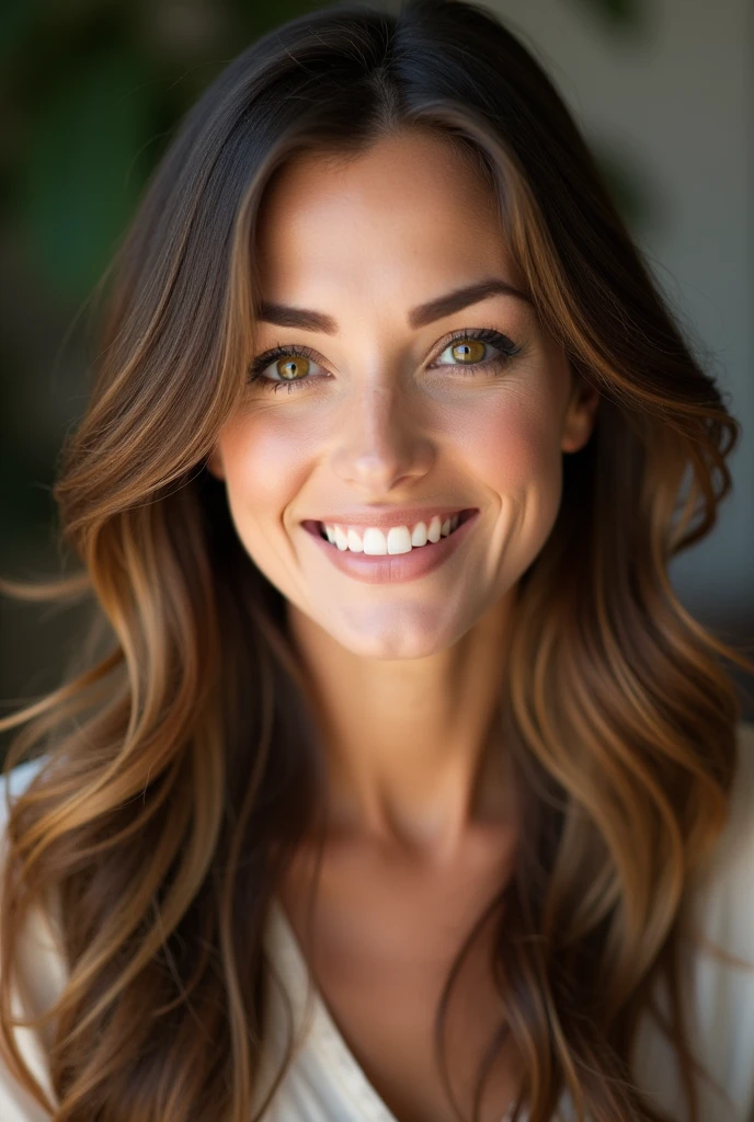 Create a close-up headshot portrait of a woman in her 30s. Use soft, natural lighting to create a warm atmosphere. The subject should have long, brown hair with subtle highlights, green eyes, and a genuine, relaxed and genuine. Capture her looking directly at the camera with a friendly, approachable expression. Blur the background slightly to focus attention on the face. The overall tone should be professional yet warm and inviting