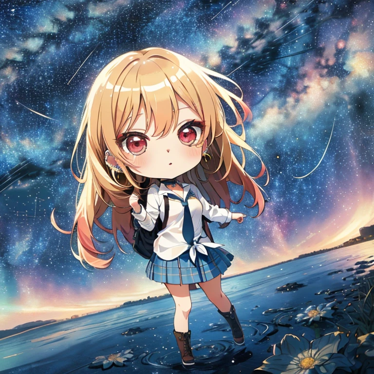 (Starry Sky:1.5), Milky Way, (chibi:1.5), full body, (masterpiece), highest quality, Kitagawa Marine, 1girl, blonde hair, long hair, multicolored hair, red eyes, jewelry, earrings, piercing, , white shirt, tied shirt, black choker, blue necktie, plaid skirt