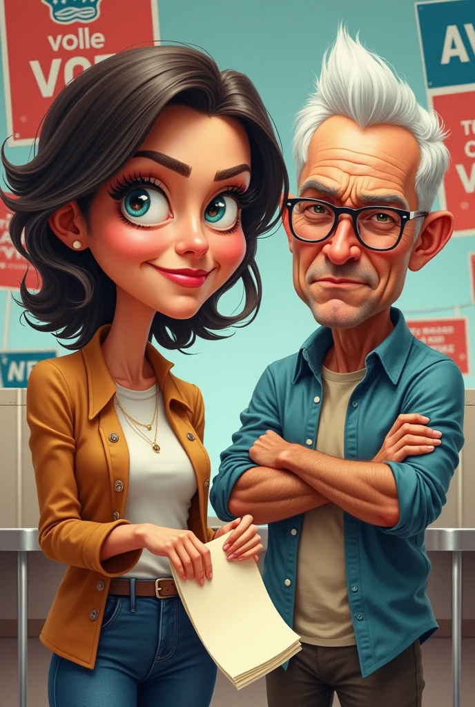 Caricatura simple y fácil de dibujar que muestre a una mujer votando y un hombre molesto y renegando
